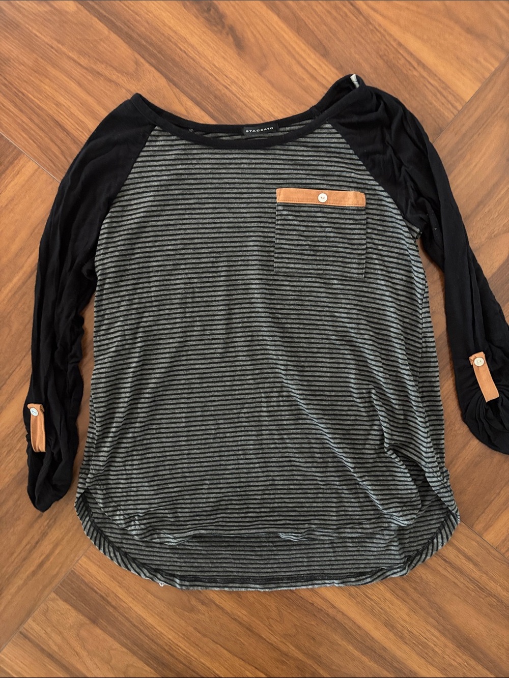 Staccato Black & Gray Striped Raglan Top with Tan Pocket Trim
